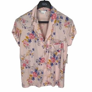 Shimera Pink Veil Rose Floral Short Sleeve Pajama PJ Button Up Shirt Womens M